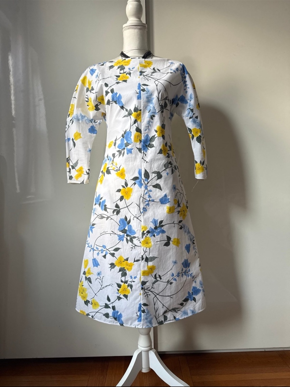 Salvatore Ferragamo White Midi Dress with Blue & Yellow Floral Print